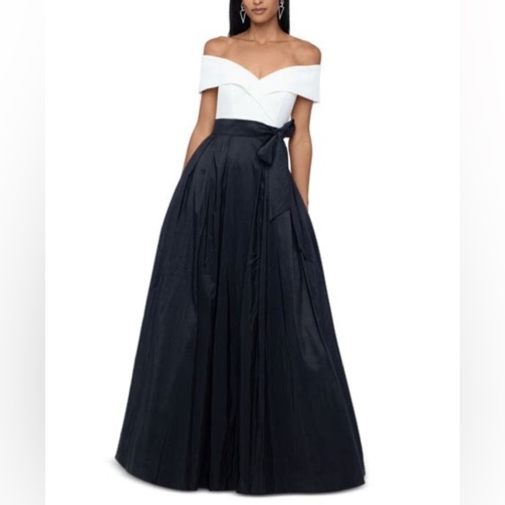Xscape 18w color block off the shoulder Aline floor length dress